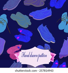 Seamless pattern of colored shoe, label on a  dark blue    background. Hand drawn.
