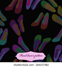 Seamless pattern of colored shoe, label. Hand drawn.