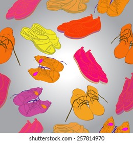 Seamless pattern of colored shoe on a  gradient gray    background. Hand drawn.