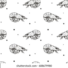 seamless pattern with colored shrimp on white background
