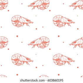 seamless pattern with colored shrimps and points on white background. seafood. 