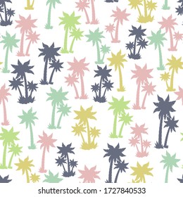 Seamless pattern with colored silhouettes of tropical coconut trees. Abstract summer exotic repeating background with palm trees. Illustration for summer design, travel, leisure, background, Template.