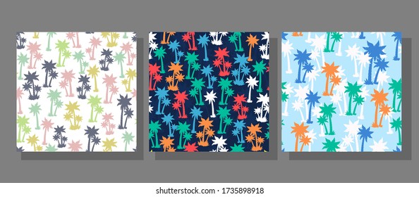 Seamless pattern with colored silhouettes of tropical coconut trees. Abstract summer exotic repeating background with palm trees. Illustration for summer design, travel, leisure, background, Template.