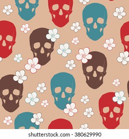 Seamless pattern of colored skull with flowers. Retro design vector illustration