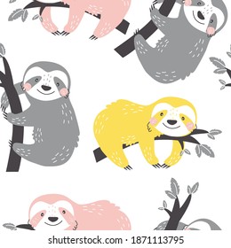 Seamless pattern with colored sloth babies on a white background. Vector illustration in a modern cartoon style, for printing on packaging paper, postcard, poster, banner, clothing. 