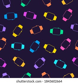 seamless pattern of colored smartwatch icons in glyph design style isolated on purple background. modern colorful wallpaper with clocks for decoration. stock vector Illustration