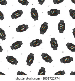 patrón transparente de iconos de reloj inteligente de colores en diseño de línea delgada aislado en fondo blanco. fondo de pantalla colorido moderno con reloj para la decoración. vector de existencias Ilustración