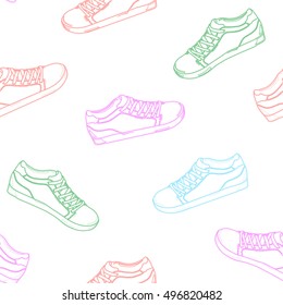 Seamless pattern of colored sneakers. Sports shoes background. Hand drawn sketch of shoes - sneakers. Hand drawing. Vector illustration.