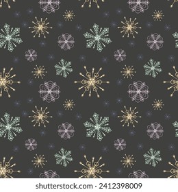 Вeautiful seamless pattern of  colored snowflakes on a dark background. New Year's festive theme. Vector design for winter decor, print, wallpaper, packaging, web design, textiles, covers, invitations