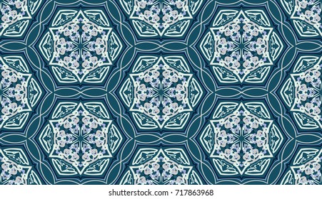 Seamless pattern. Colored snowflakes are ordered like honeycombs. Drawing for Christmas and New Year.