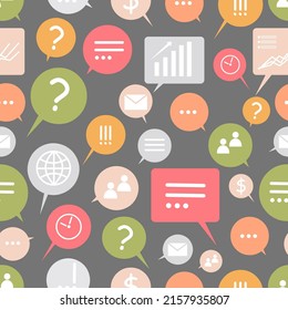 Seamless pattern with colored speech bubbles and icons on a gray background. Pattern includes icons globe, dollar, envelope, question mark, exclamation mark, clock, graph. Elements in flat style.