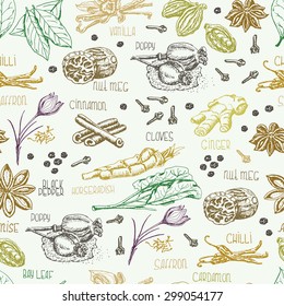 Seamless pattern with colored spices. Vector illustration for your design 