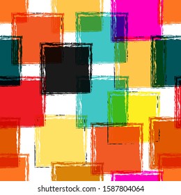 Seamless pattern of colored squares from brush strokes for textiles, packaging, paper printing, simple backgrounds and textures. Shades of modern colors