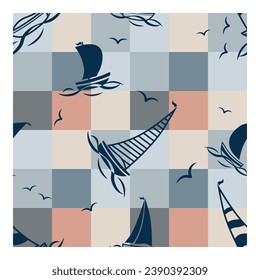 Seamless pattern of colored squares with cute yachts, seagulls and fowls. Vector illustration. Illustration for print, packaging, fabric.