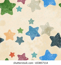 Nahtloses Muster mit farbigen Sternen im Grunge-Stil. Halftone Punkte Vintage, gezinkter beiger Hintergrund