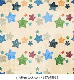 Seamless pattern with colored stars in grunge style. Halftone dots vintage scribbled beige background