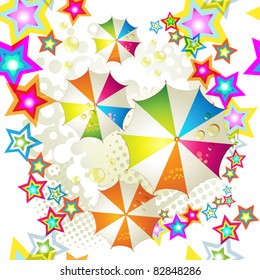 Seamless pattern with colored stars and umbrellas