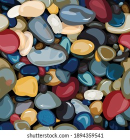 seamless pattern of colored stones, stones with highlights are scattered on a dark background, vector pattern for printing on fabric or paper