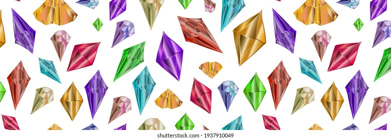 patrón transparente de piedras de color sobre un fondo blanco. Borde horizontal. Patrón vectorial de hermosos cristales de colores. Para el diseño de embalajes, papel de embalaje y decoración.