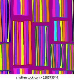 Seamless pattern of colored stripes, shapes on a dark pink background. Handmade.