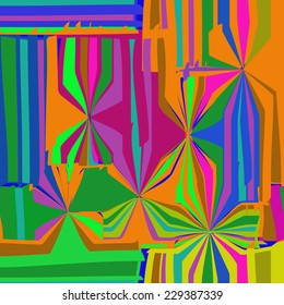 Seamless pattern of colored stripes, shapes on a dark blue background. Handmade.