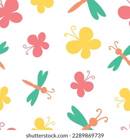 seamless pattern of colored stylized butterflies and dragonflies on a white background. Doodle vector illustration