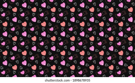 Seamless pattern with colored symbols of pink hearts for Valentine's day on a black background.Vector background for design wrapping paper, textiles, invitations and cards, cups, etc. Wedding, romance