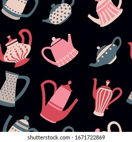 Seamless pattern of colored teapots flat vector illustration on dark background