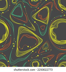 Seamless pattern of colored thin lines in yellow, turquoise, and red colors on the dark gray background