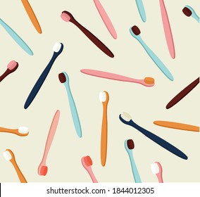 Seamless pattern of colored toothbrushes in pink, yellow, blue, and burgundy color. Hand-drawn illustration of dental care tools. Colorful background texture for textile, fabric, paper. 