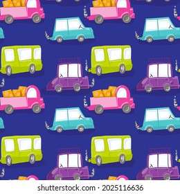 Seamless pattern with colored toy cars. Hand drawn cute print for posters, cards, t-shirts.