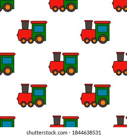 Seamless pattern with colored train on a white background. Children's pattern. Simple pattern. colored trendy vector illustration. Cartoon style. Flat design. Seamless pattern. 