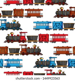 Seamless pattern with colored trains and railroad paths. Use for wallpaper, pattern fills, fabrics, ornamental template for design and decoration.