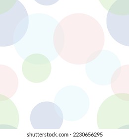 Seamless pattern of colored translucent circles of different sizes. On a white background.