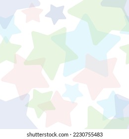Seamless pattern of colored translucent stars of different sizes. On a white background.