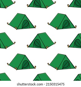 Seamless pattern with colored travel camping tent doodle outline vector