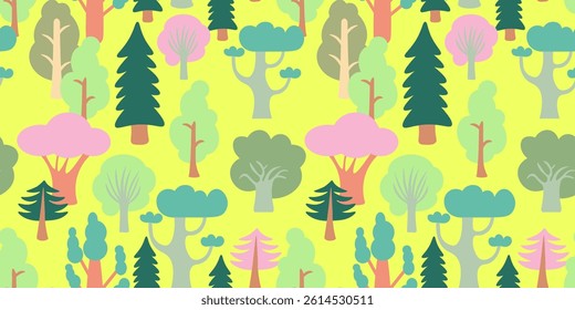 seamless pattern with colored trees in doodle style. Template for design, print, background, wallpaper, wrapping, backdrop, textile, packaging