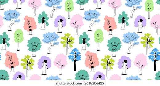 seamless pattern with colored trees in doodle style. Template for design, print, background, wallpaper, wrapping, backdrop, textile, packaging