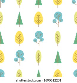 Seamless pattern with colored trees on white background. Vector illustration.