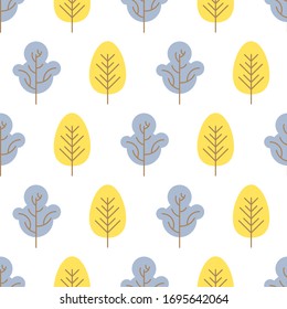 Seamless pattern with colored trees on white background. Vector illustration.