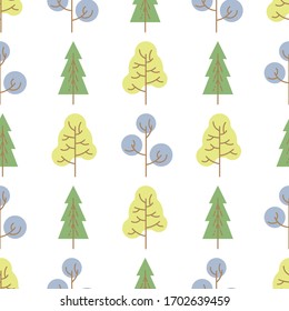 Seamless pattern with colored trees on white background. Vector illustration.