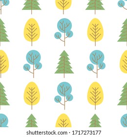 Seamless pattern with colored trees on white background. Vector illustration.