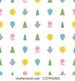 Seamless pattern with colored trees on white background. Vector illustration.