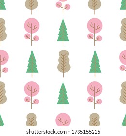 Seamless pattern with colored trees on white background. Vector illustration.