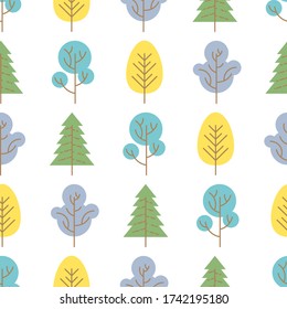 Seamless pattern with colored trees on white background. Vector illustration.