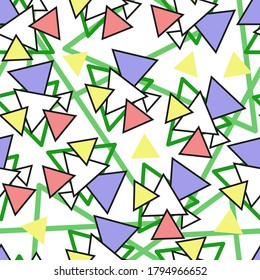 seamless pattern, colored triangles, white background, print, textile, cover, geometric pattern, vector illustration