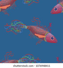 Seamless pattern from colored tropical fish on a blue background