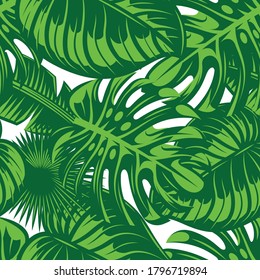 Seamless pattern with colored tropical leaves. Vector illustration.