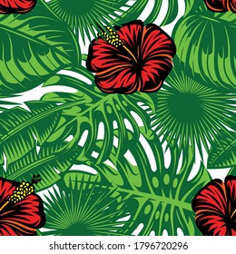 Seamless pattern with colored tropical leaves and hibiscus flowers. Vector illustration.