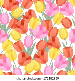 Seamless pattern with colored tulips.